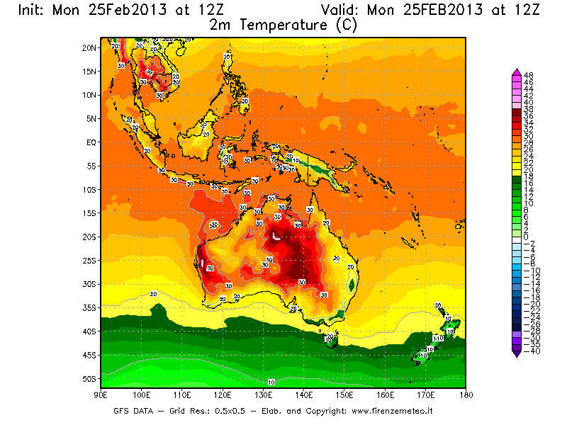 Mappa di analisi GFS - Temperatura a 2 metri dal suolo [°C] in Oceania
							del 25/02/2013 12 <!--googleoff: index-->UTC<!--googleon: index-->