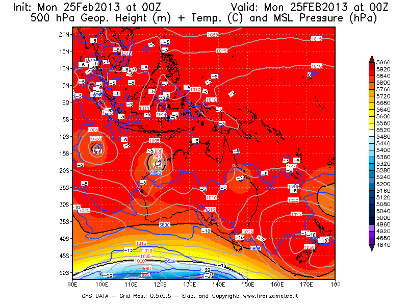 Mappa di analisi GFS - Geopotenziale [m] + Temp. [°C] a 500 hPa + Press. a livello del mare [hPa] in Oceania
							del 25/02/2013 00 <!--googleoff: index-->UTC<!--googleon: index-->