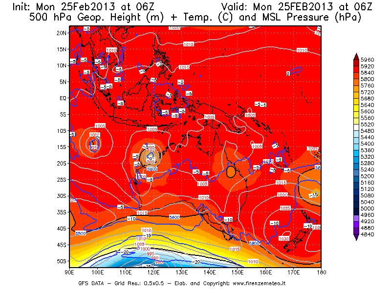 Mappa di analisi GFS - Geopotenziale [m] + Temp. [°C] a 500 hPa + Press. a livello del mare [hPa] in Oceania
							del 25/02/2013 06 <!--googleoff: index-->UTC<!--googleon: index-->