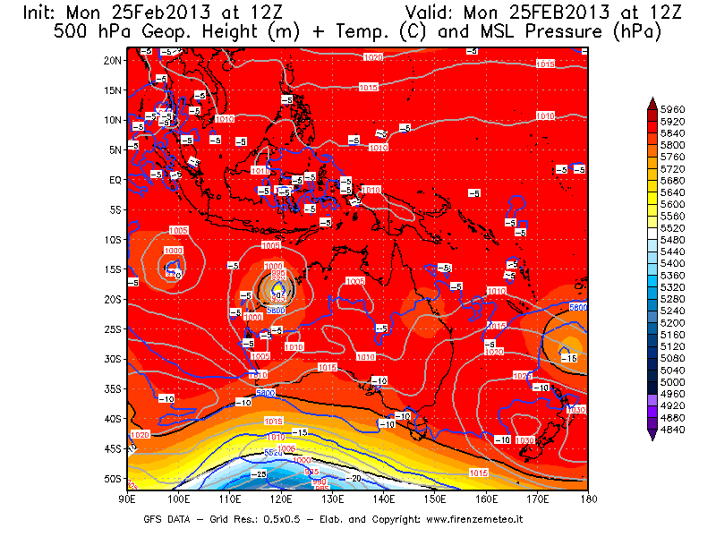 Mappa di analisi GFS - Geopotenziale [m] + Temp. [°C] a 500 hPa + Press. a livello del mare [hPa] in Oceania
							del 25/02/2013 12 <!--googleoff: index-->UTC<!--googleon: index-->
