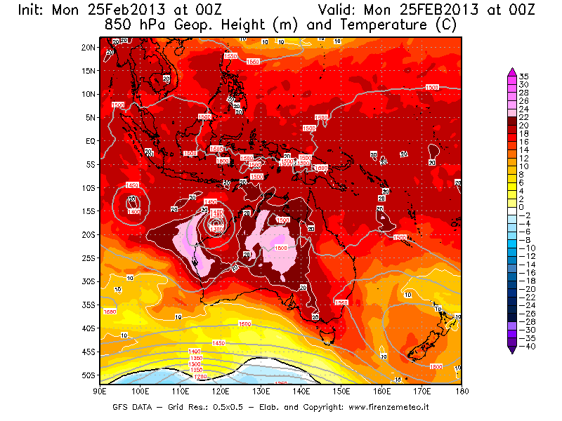 Mappa di analisi GFS - Geopotenziale [m] e Temperatura [°C] a 850 hPa in Oceania
							del 25/02/2013 00 <!--googleoff: index-->UTC<!--googleon: index-->