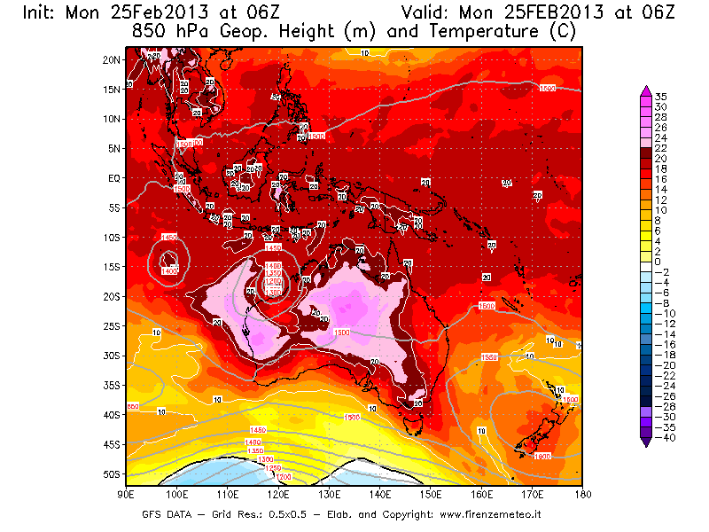 Mappa di analisi GFS - Geopotenziale [m] e Temperatura [°C] a 850 hPa in Oceania
									del 25/02/2013 06 <!--googleoff: index-->UTC<!--googleon: index-->