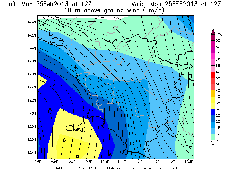 Mappa di analisi GFS - Velocità del vento a 10 metri dal suolo [km/h] in Toscana
									del 25/02/2013 12 <!--googleoff: index-->UTC<!--googleon: index-->