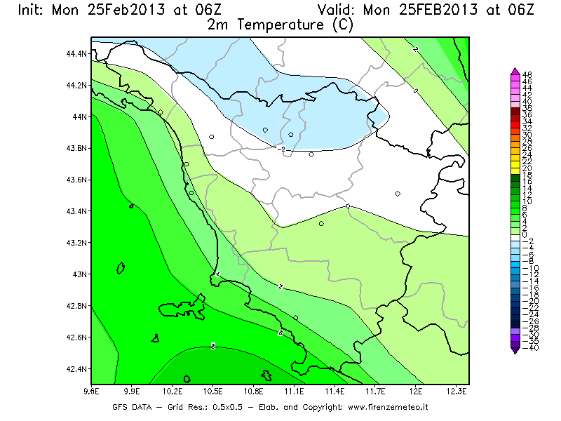 Mappa di analisi GFS - Temperatura a 2 metri dal suolo [°C] in Toscana
									del 25/02/2013 06 <!--googleoff: index-->UTC<!--googleon: index-->