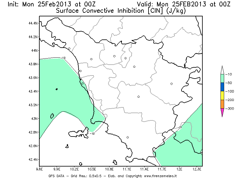 Mappa di analisi GFS - CIN [J/kg] in Toscana
									del 25/02/2013 00 <!--googleoff: index-->UTC<!--googleon: index-->