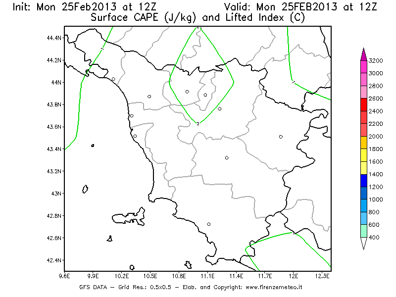 Mappa di analisi GFS - CAPE [J/kg] e Lifted Index [°C] in Toscana
							del 25/02/2013 12 <!--googleoff: index-->UTC<!--googleon: index-->