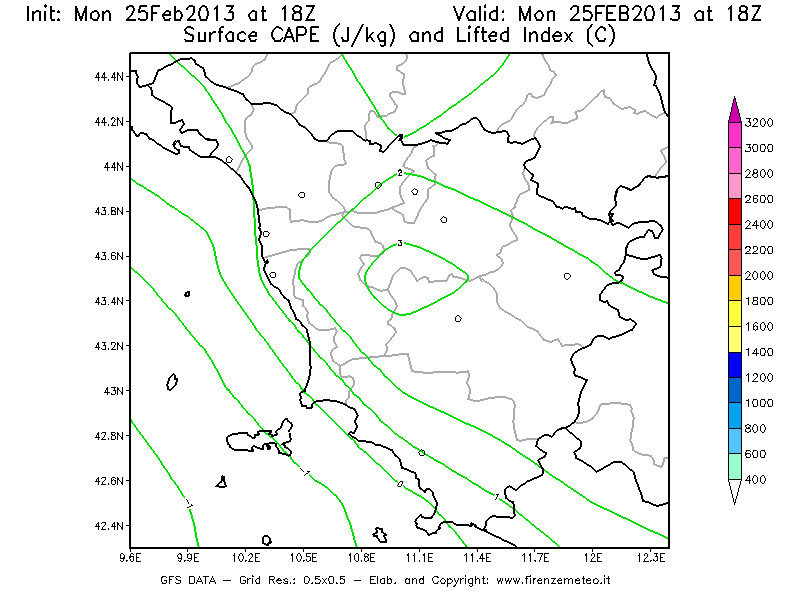 Mappa di analisi GFS - CAPE [J/kg] e Lifted Index [°C] in Toscana
							del 25/02/2013 18 <!--googleoff: index-->UTC<!--googleon: index-->