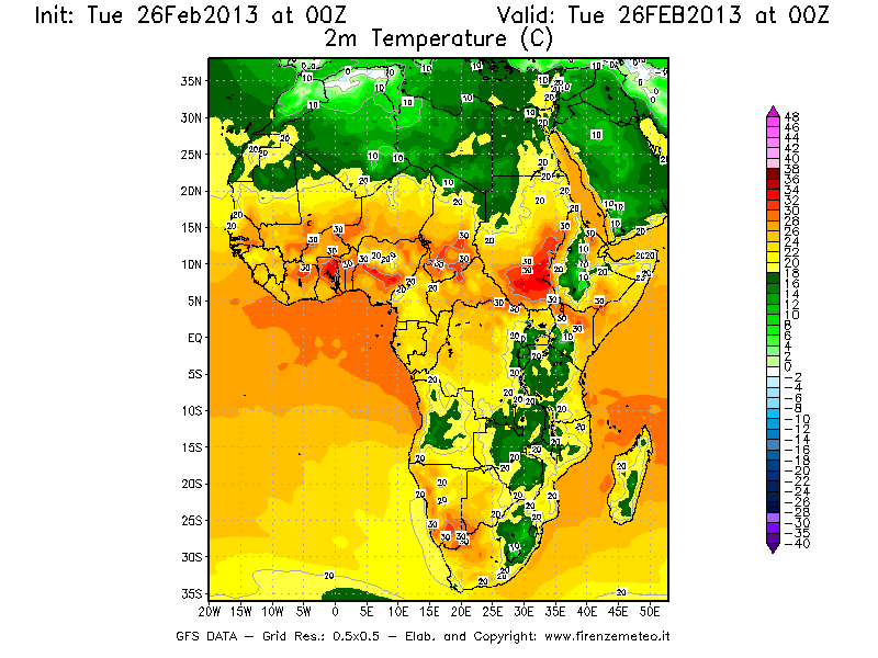 Mappa di analisi GFS - Temperatura a 2 metri dal suolo [°C] in Africa
							del 26/02/2013 00 <!--googleoff: index-->UTC<!--googleon: index-->