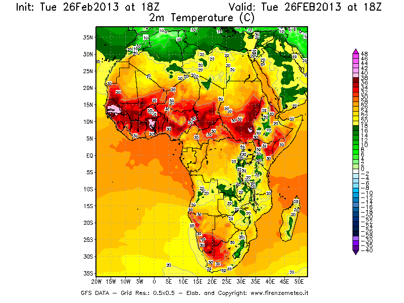 Mappa di analisi GFS - Temperatura a 2 metri dal suolo [°C] in Africa
							del 26/02/2013 18 <!--googleoff: index-->UTC<!--googleon: index-->