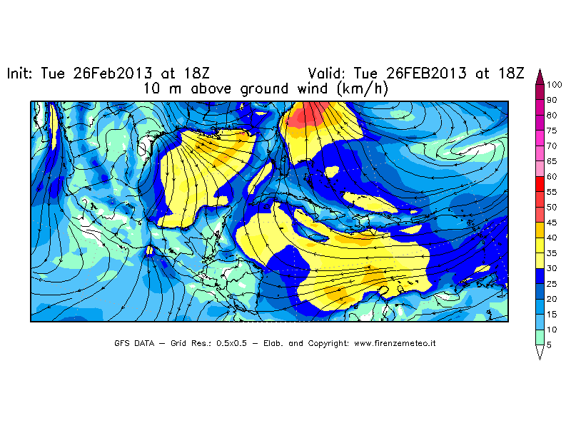 Mappa di analisi GFS - Velocità del vento a 10 metri dal suolo [km/h] in Centro-America
							del 26/02/2013 18 <!--googleoff: index-->UTC<!--googleon: index-->