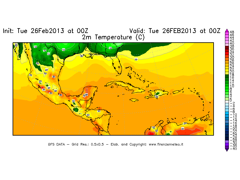 Mappa di analisi GFS - Temperatura a 2 metri dal suolo [°C] in Centro-America
							del 26/02/2013 00 <!--googleoff: index-->UTC<!--googleon: index-->