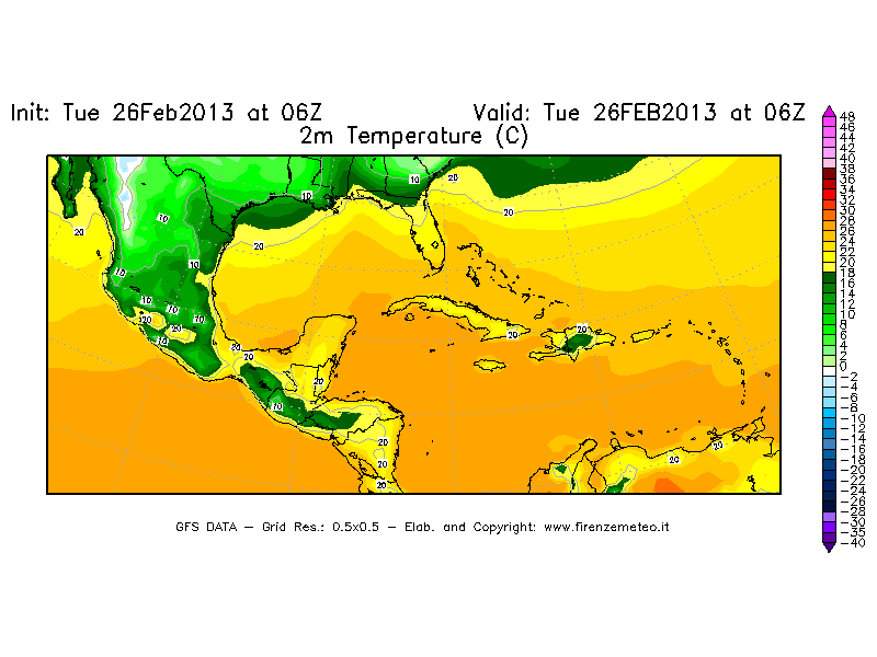 Mappa di analisi GFS - Temperatura a 2 metri dal suolo [°C] in Centro-America
							del 26/02/2013 06 <!--googleoff: index-->UTC<!--googleon: index-->