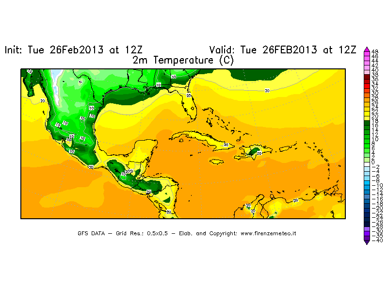 Mappa di analisi GFS - Temperatura a 2 metri dal suolo [°C] in Centro-America
							del 26/02/2013 12 <!--googleoff: index-->UTC<!--googleon: index-->