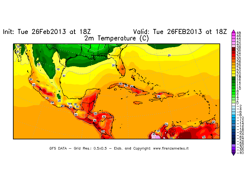 Mappa di analisi GFS - Temperatura a 2 metri dal suolo [°C] in Centro-America
							del 26/02/2013 18 <!--googleoff: index-->UTC<!--googleon: index-->