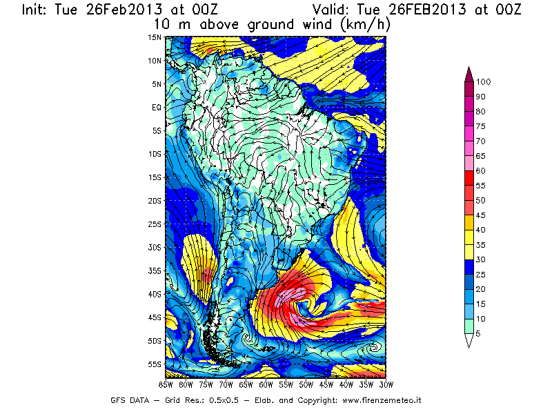 Mappa di analisi GFS - Velocità del vento a 10 metri dal suolo [km/h] in Sud-America
							del 26/02/2013 00 <!--googleoff: index-->UTC<!--googleon: index-->