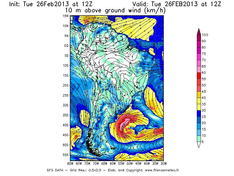 Mappa di analisi GFS - Velocità del vento a 10 metri dal suolo [km/h] in Sud-America
							del 26/02/2013 12 <!--googleoff: index-->UTC<!--googleon: index-->