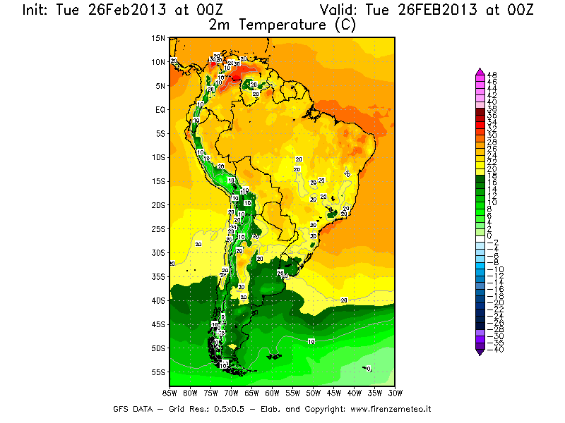 Mappa di analisi GFS - Temperatura a 2 metri dal suolo [°C] in Sud-America
							del 26/02/2013 00 <!--googleoff: index-->UTC<!--googleon: index-->