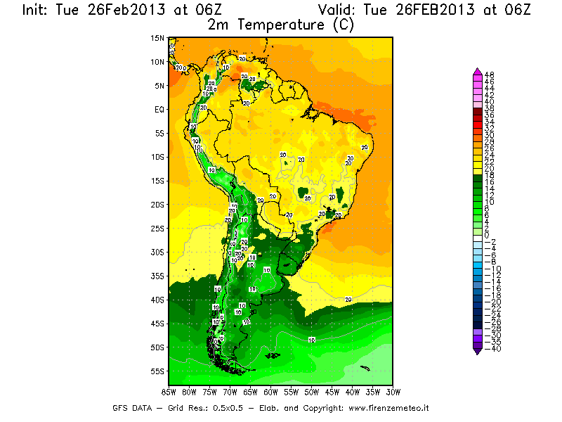 Mappa di analisi GFS - Temperatura a 2 metri dal suolo [°C] in Sud-America
							del 26/02/2013 06 <!--googleoff: index-->UTC<!--googleon: index-->