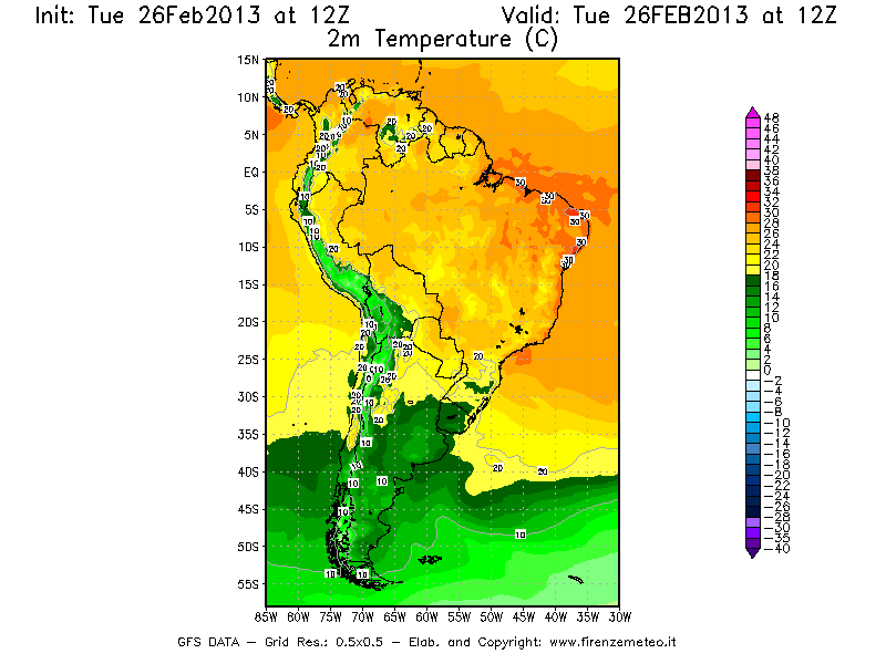 Mappa di analisi GFS - Temperatura a 2 metri dal suolo [°C] in Sud-America
							del 26/02/2013 12 <!--googleoff: index-->UTC<!--googleon: index-->