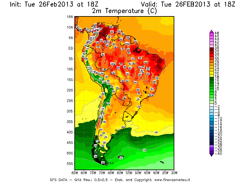 Mappa di analisi GFS - Temperatura a 2 metri dal suolo [°C] in Sud-America
							del 26/02/2013 18 <!--googleoff: index-->UTC<!--googleon: index-->