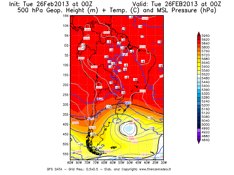 Mappa di analisi GFS - Geopotenziale [m] + Temp. [°C] a 500 hPa + Press. a livello del mare [hPa] in Sud-America
							del 26/02/2013 00 <!--googleoff: index-->UTC<!--googleon: index-->