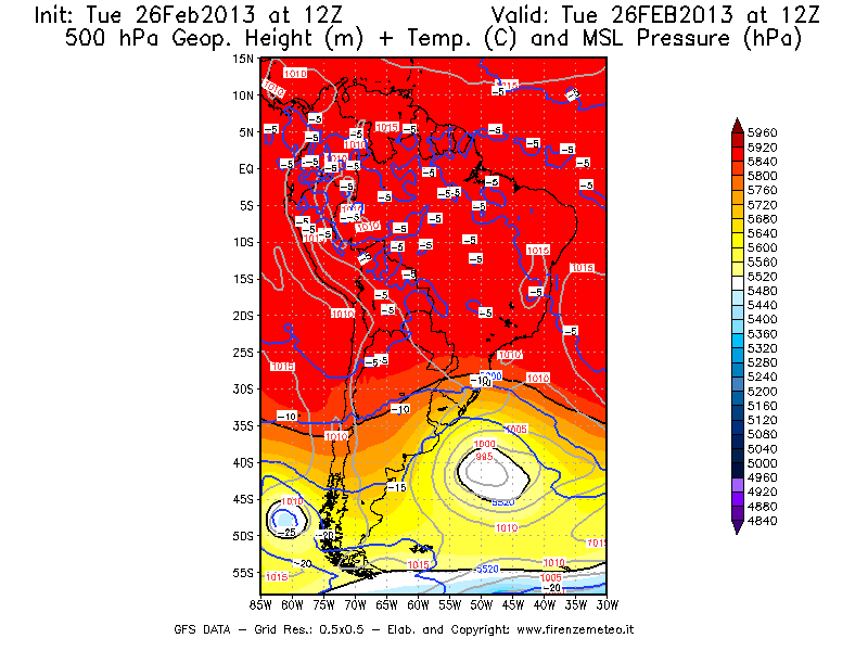 Mappa di analisi GFS - Geopotenziale [m] + Temp. [°C] a 500 hPa + Press. a livello del mare [hPa] in Sud-America
							del 26/02/2013 12 <!--googleoff: index-->UTC<!--googleon: index-->