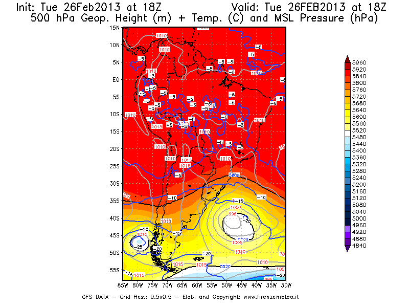 Mappa di analisi GFS - Geopotenziale [m] + Temp. [°C] a 500 hPa + Press. a livello del mare [hPa] in Sud-America
							del 26/02/2013 18 <!--googleoff: index-->UTC<!--googleon: index-->