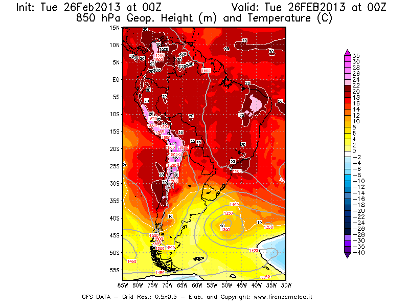 Mappa di analisi GFS - Geopotenziale [m] e Temperatura [°C] a 850 hPa in Sud-America
							del 26/02/2013 00 <!--googleoff: index-->UTC<!--googleon: index-->