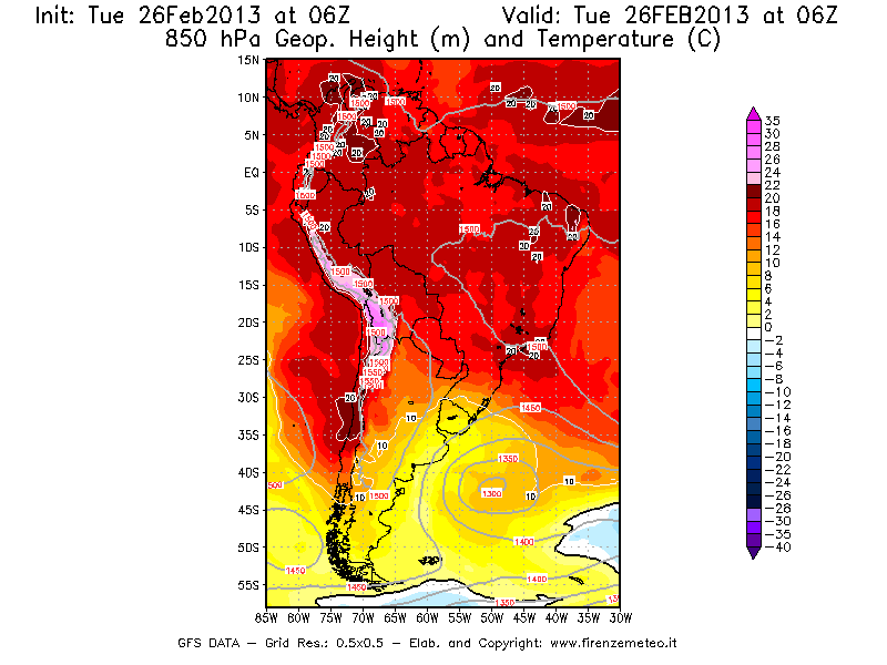 Mappa di analisi GFS - Geopotenziale [m] e Temperatura [°C] a 850 hPa in Sud-America
							del 26/02/2013 06 <!--googleoff: index-->UTC<!--googleon: index-->