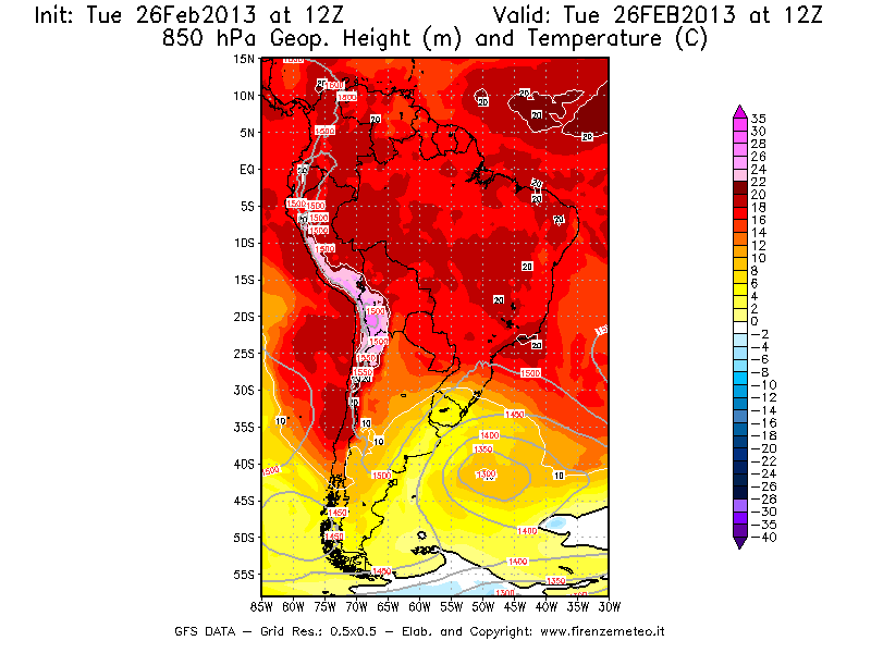 Mappa di analisi GFS - Geopotenziale [m] e Temperatura [°C] a 850 hPa in Sud-America
							del 26/02/2013 12 <!--googleoff: index-->UTC<!--googleon: index-->