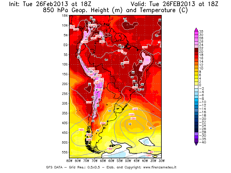 Mappa di analisi GFS - Geopotenziale [m] e Temperatura [°C] a 850 hPa in Sud-America
							del 26/02/2013 18 <!--googleoff: index-->UTC<!--googleon: index-->