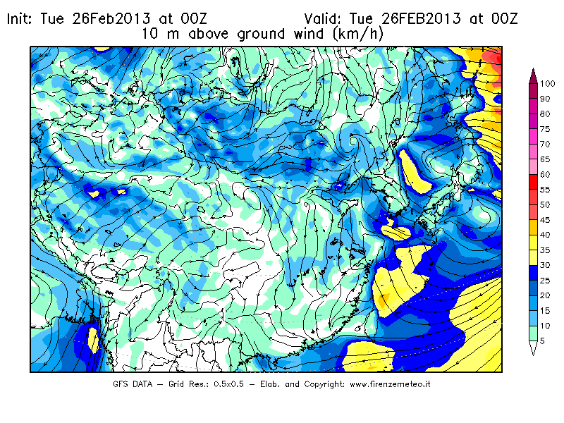 Mappa di analisi GFS - Velocità del vento a 10 metri dal suolo [km/h] in Asia Orientale
							del 26/02/2013 00 <!--googleoff: index-->UTC<!--googleon: index-->