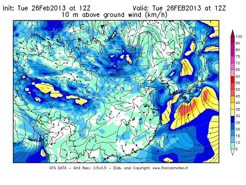 Mappa di analisi GFS - Velocità del vento a 10 metri dal suolo [km/h] in Asia Orientale
							del 26/02/2013 12 <!--googleoff: index-->UTC<!--googleon: index-->