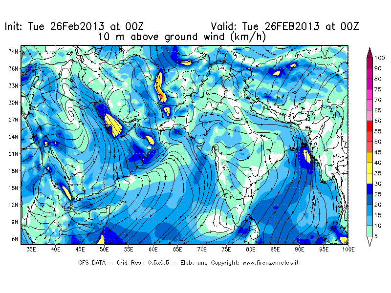 Mappa di analisi GFS - Velocità del vento a 10 metri dal suolo [km/h] in Asia Sud-Occidentale
							del 26/02/2013 00 <!--googleoff: index-->UTC<!--googleon: index-->