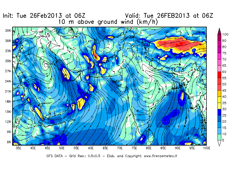 Mappa di analisi GFS - Velocità del vento a 10 metri dal suolo [km/h] in Asia Sud-Occidentale
							del 26/02/2013 06 <!--googleoff: index-->UTC<!--googleon: index-->