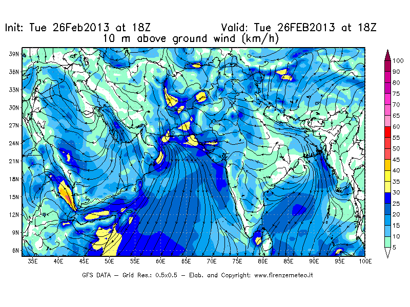 Mappa di analisi GFS - Velocità del vento a 10 metri dal suolo [km/h] in Asia Sud-Occidentale
							del 26/02/2013 18 <!--googleoff: index-->UTC<!--googleon: index-->