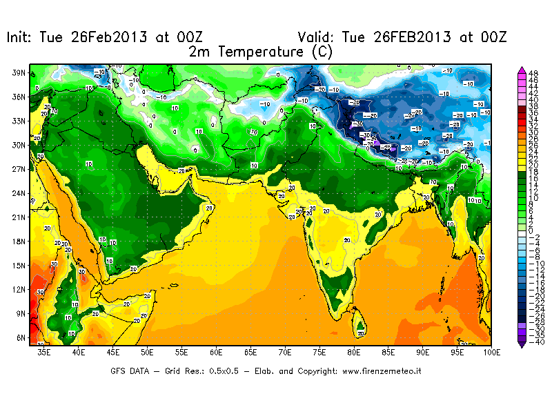 Mappa di analisi GFS - Temperatura a 2 metri dal suolo [°C] in Asia Sud-Occidentale
							del 26/02/2013 00 <!--googleoff: index-->UTC<!--googleon: index-->