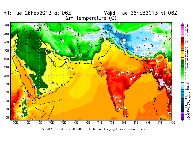 Mappa di analisi GFS - Temperatura a 2 metri dal suolo [°C] in Asia Sud-Occidentale
							del 26/02/2013 06 <!--googleoff: index-->UTC<!--googleon: index-->