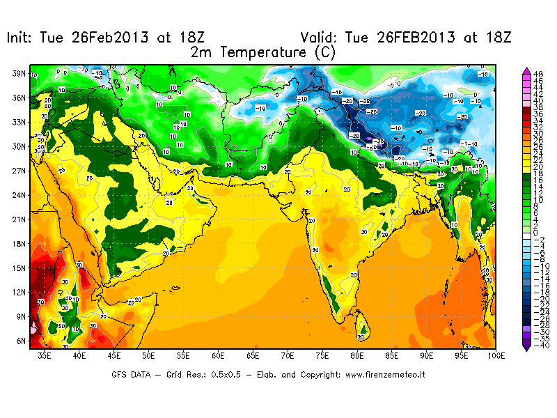Mappa di analisi GFS - Temperatura a 2 metri dal suolo [°C] in Asia Sud-Occidentale
							del 26/02/2013 18 <!--googleoff: index-->UTC<!--googleon: index-->