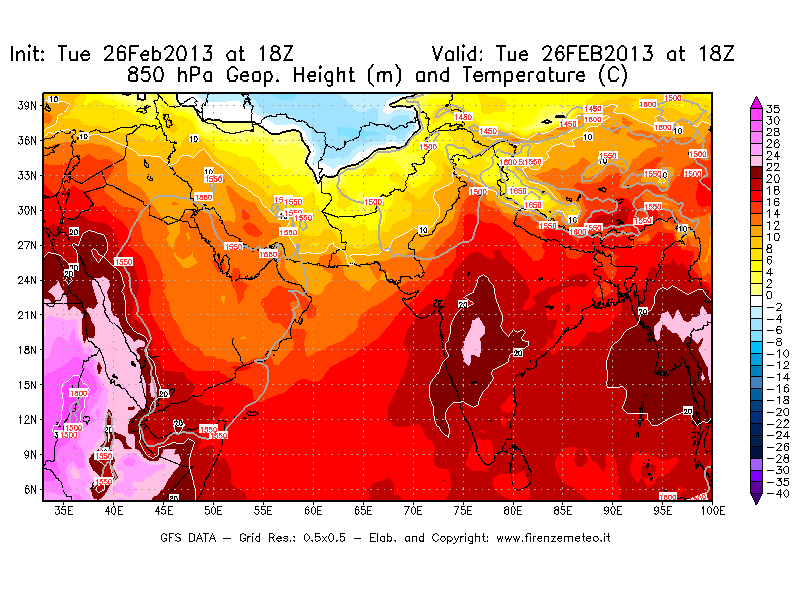 Mappa di analisi GFS - Geopotenziale [m] e Temperatura [°C] a 850 hPa in Asia Sud-Occidentale
							del 26/02/2013 18 <!--googleoff: index-->UTC<!--googleon: index-->