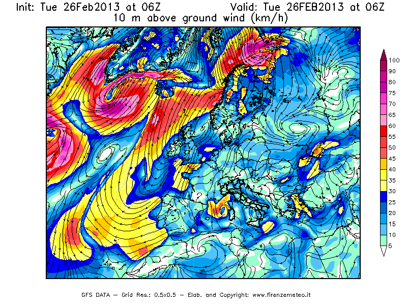 Mappa di analisi GFS - Velocità del vento a 10 metri dal suolo [km/h] in Europa
							del 26/02/2013 06 <!--googleoff: index-->UTC<!--googleon: index-->