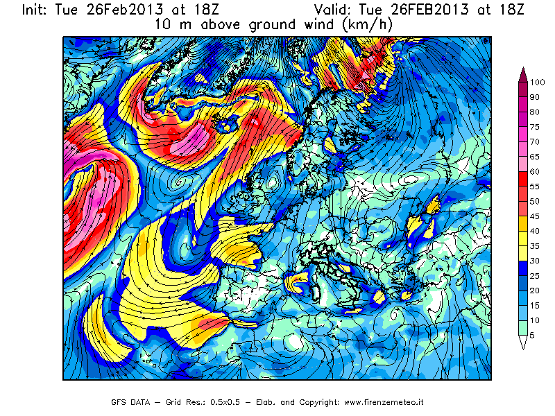 Mappa di analisi GFS - Velocità del vento a 10 metri dal suolo [km/h] in Europa
							del 26/02/2013 18 <!--googleoff: index-->UTC<!--googleon: index-->