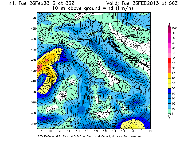 Mappa di analisi GFS - Velocità del vento a 10 metri dal suolo [km/h] in Italia
							del 26/02/2013 06 <!--googleoff: index-->UTC<!--googleon: index-->