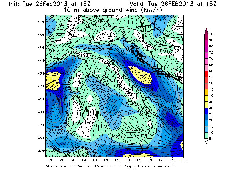 Mappa di analisi GFS - Velocità del vento a 10 metri dal suolo [km/h] in Italia
							del 26/02/2013 18 <!--googleoff: index-->UTC<!--googleon: index-->