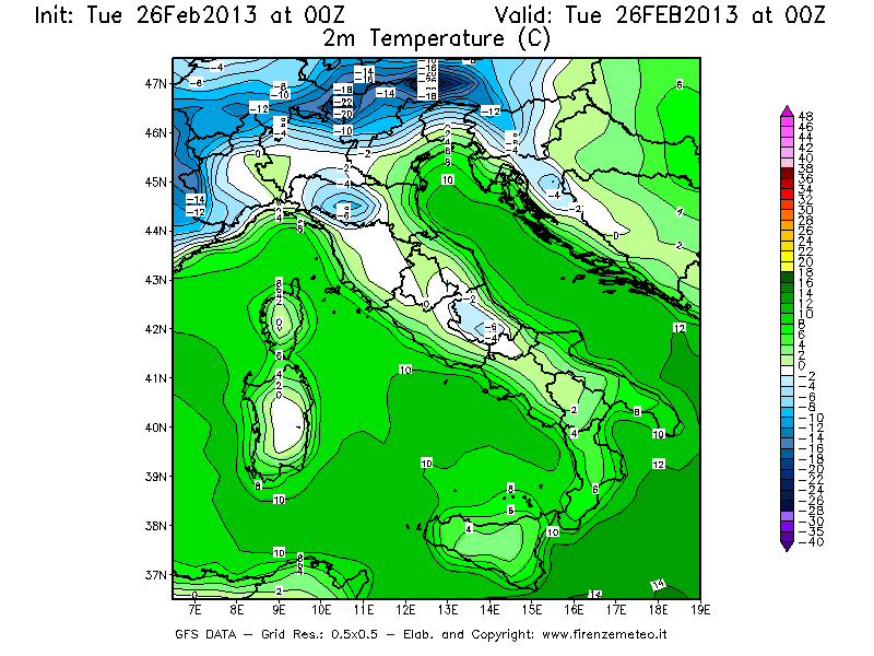 Mappa di analisi GFS - Temperatura a 2 metri dal suolo [°C] in Italia
							del 26/02/2013 00 <!--googleoff: index-->UTC<!--googleon: index-->
