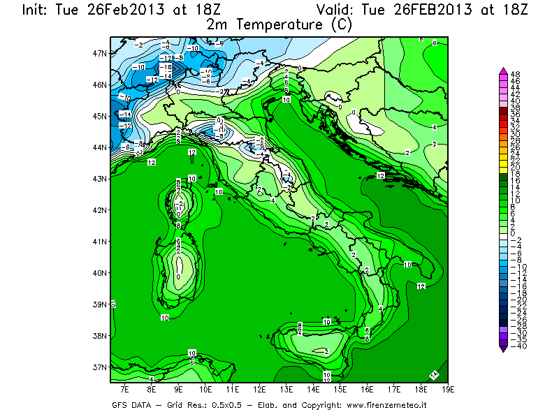 Mappa di analisi GFS - Temperatura a 2 metri dal suolo [°C] in Italia
							del 26/02/2013 18 <!--googleoff: index-->UTC<!--googleon: index-->