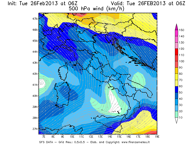Mappa di analisi GFS - Velocità del vento a 500 hPa [km/h] in Italia
							del 26/02/2013 06 <!--googleoff: index-->UTC<!--googleon: index-->