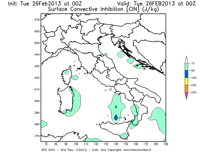 Mappa di analisi GFS - CIN [J/kg] in Italia
							del 26/02/2013 00 <!--googleoff: index-->UTC<!--googleon: index-->