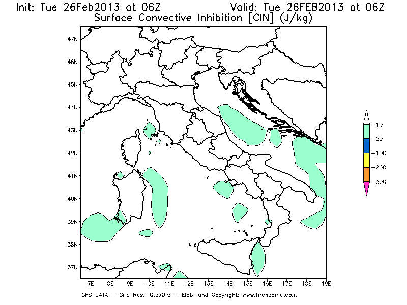 Mappa di analisi GFS - CIN [J/kg] in Italia
							del 26/02/2013 06 <!--googleoff: index-->UTC<!--googleon: index-->