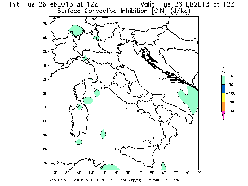 Mappa di analisi GFS - CIN [J/kg] in Italia
							del 26/02/2013 12 <!--googleoff: index-->UTC<!--googleon: index-->